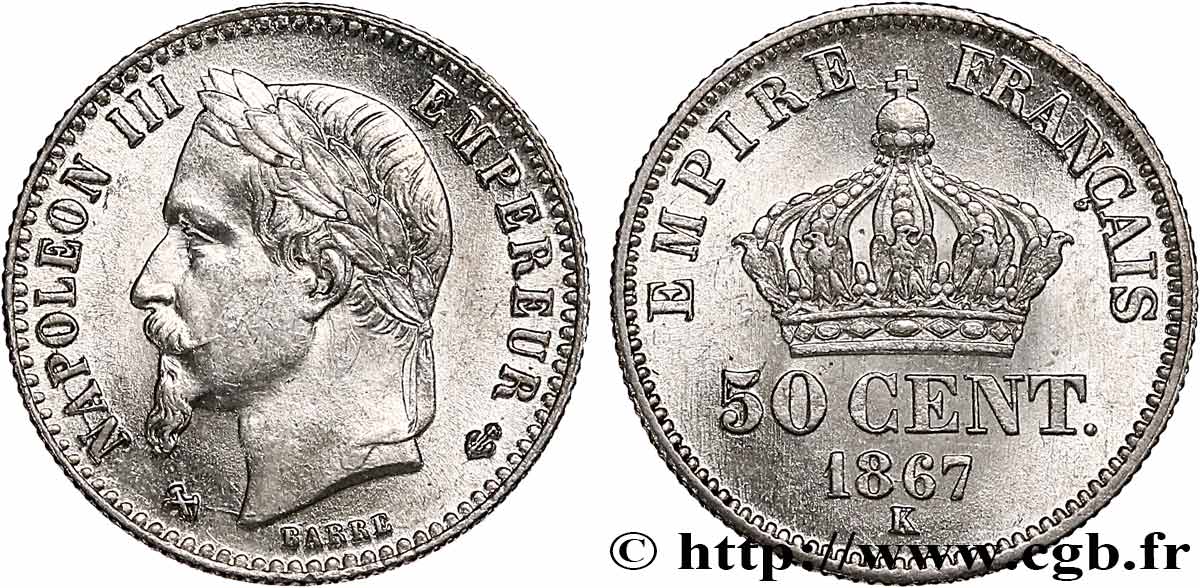 50 centimes Napoléon III, tête laurée, différent au milieu 1867 Bordeaux F.188/19 SUP62 