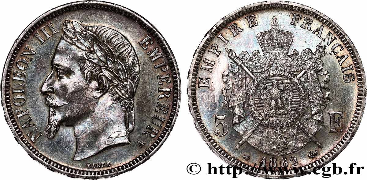 5 francs Napoléon III, tête laurée 1862 Paris F.331/3 EBC 