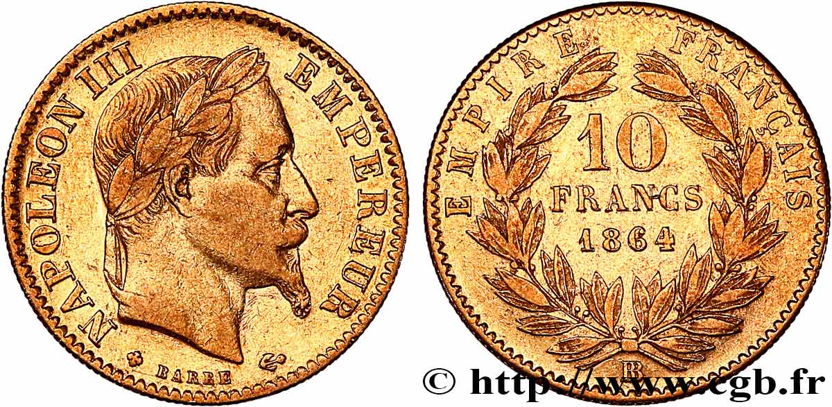 10 francs or Napoléon III, tête laurée, Grand BB 1864 Strasbourg F.507A/8 TB+ 