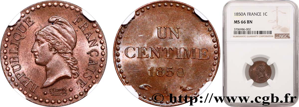 Un centime Dupré, IIe République 1850 Paris F.101/5 ST66 NGC
