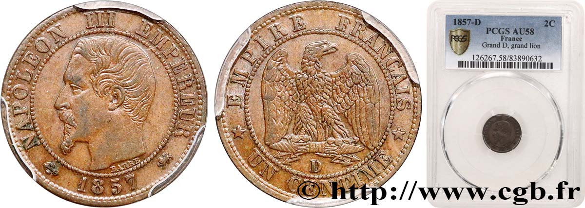 Un centime Napoléon III, tête nue 1857 Lyon F.102/35 EBC58 PCGS