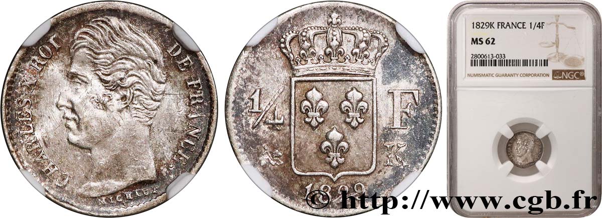 1/4 franc Charles X 1829 Bordeaux F.164/34 SPL62 NGC