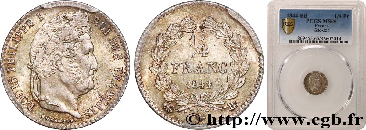 1/4 franc Louis-Philippe 1844 Strasbourg F.166/99 MS65 PCGS