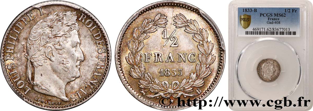 1/2 franc Louis-Philippe 1833 Rouen F.182/30 MS62 PCGS