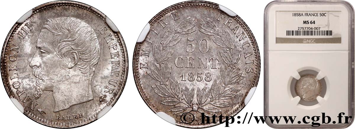 50 centimes Napoléon III, tête nue 1858 Paris F.187/9 fST64 NGC