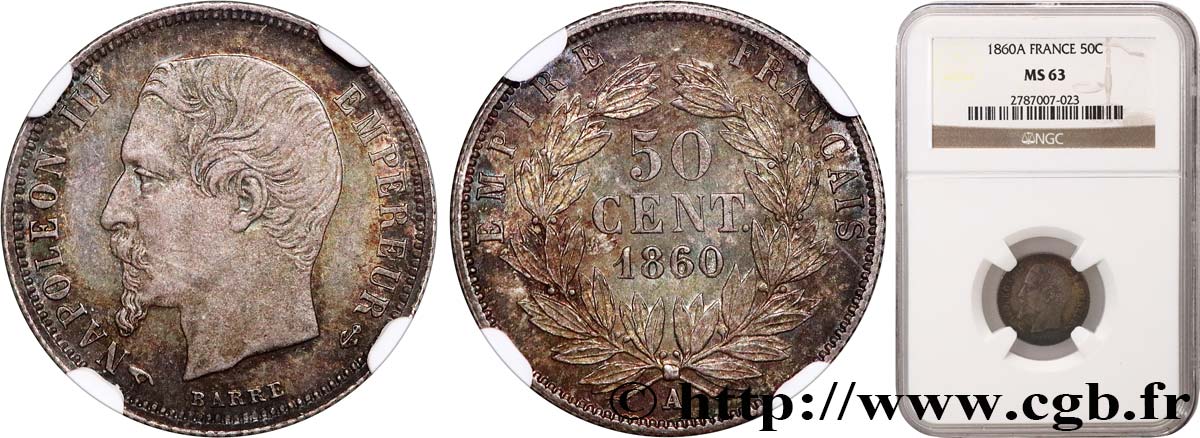 50 centimes Napoléon III, tête nue, 60/50 1860 Paris F.187/12 MS63 NGC