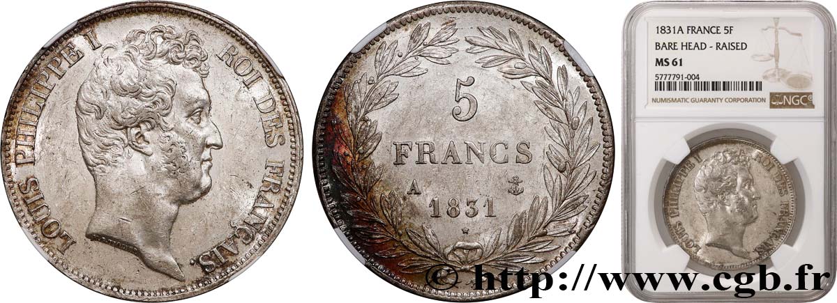 5 francs type Tiolier avec le I, tranche en relief 1831 Paris F.316/2 VZ61 NGC
