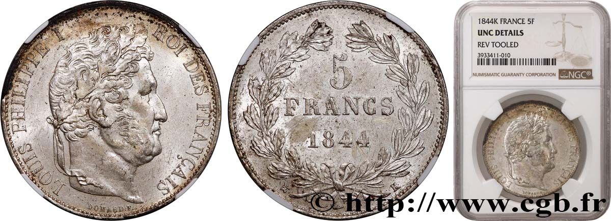 5 francs IIIe type Domard 1844 Bordeaux F.325/4 MS NGC