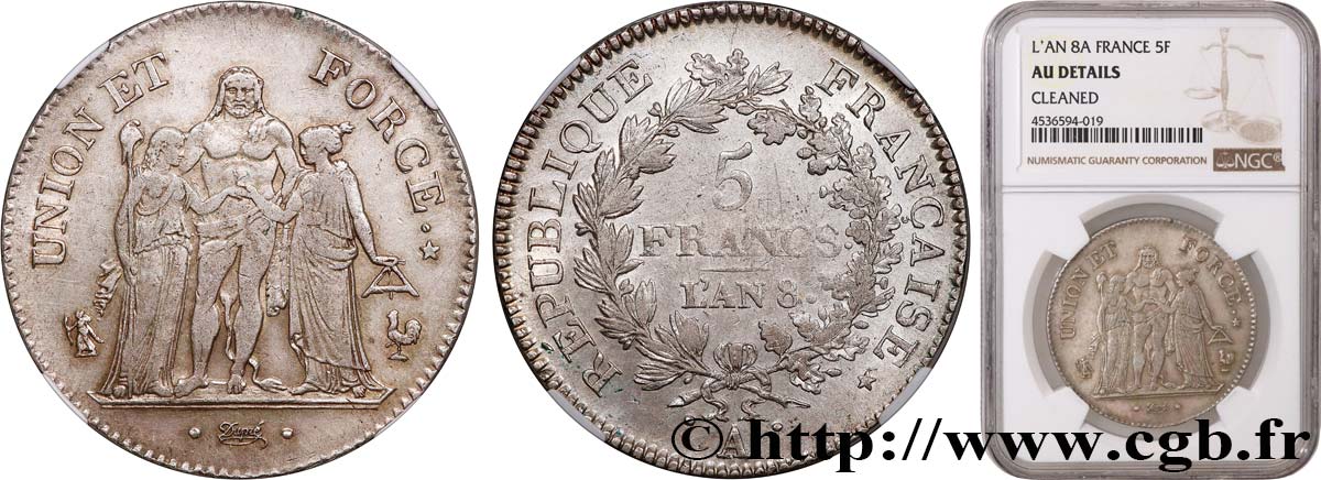 5 francs Union et Force, Union serré, avec glands intérieurs et gland extérieur 1800 Paris F.288/126 MBC+ NGC