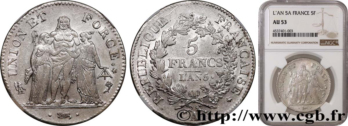 5 francs Union et Force, Union desserré, seulement gland extérieur 1797 Paris F.291/2 TTB53 NGC