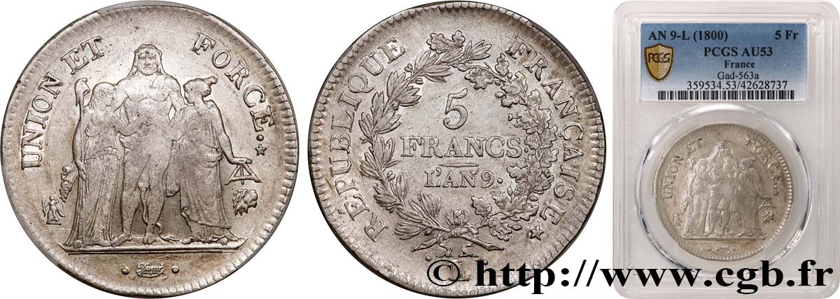 5 francs Union et Force, Union serré, avec glands intérieurs et gland extérieur 1801 Bayonne F.288/161 SS53 PCGS