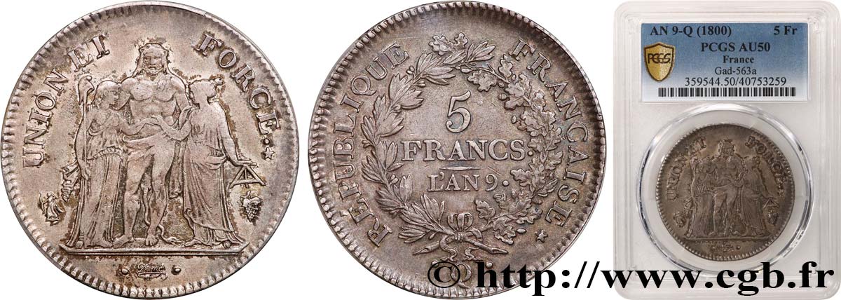 5 francs Union et Force, Union serré, avec glands intérieurs et gland extérieur 1801 Perpignan F.288/69,5 AU50 PCGS