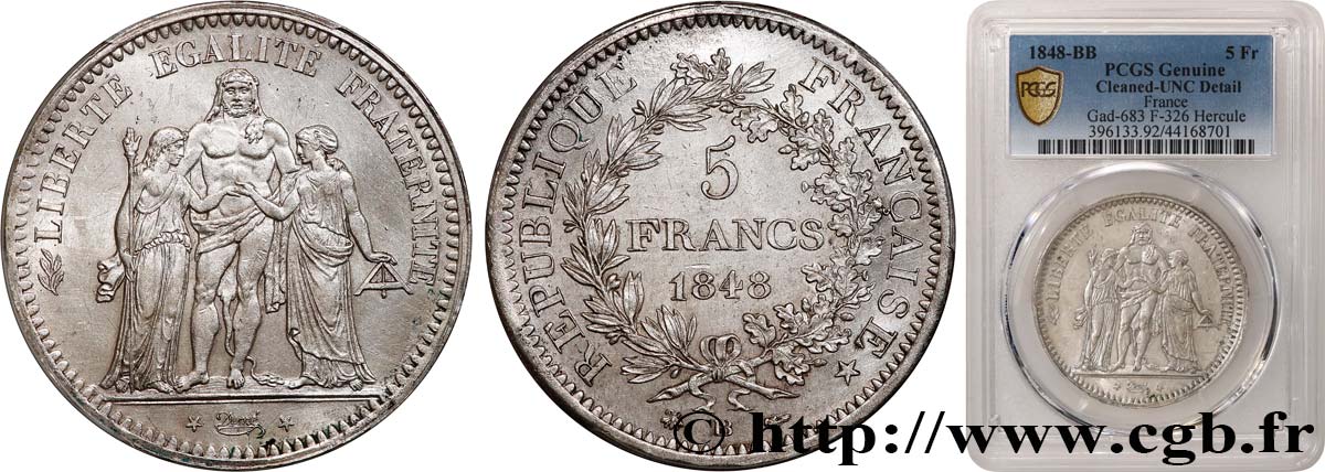 5 francs Hercule, IIe République 1848 Strasbourg F.326/2 VZ+ PCGS