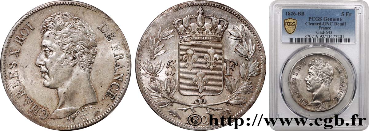 5 francs Charles X, 1er type 1826 Strasbourg F.310/17 EBC+ PCGS