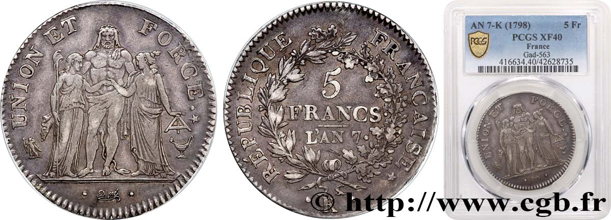 5 francs Union et Force, Union desserré, seulement gland extérieur 1799 Bordeaux F.291/24 SS40 PCGS