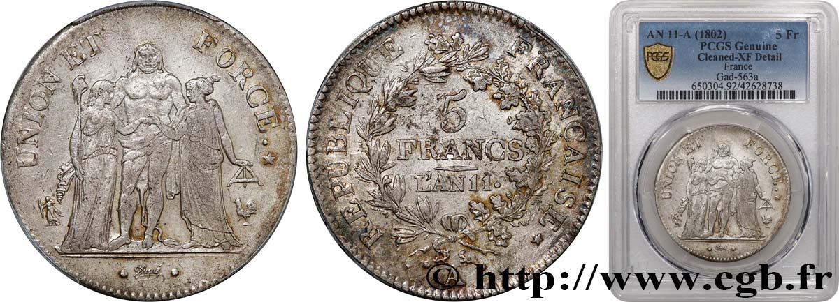 5 francs Union et Force, Union serré, seulement glands intérieurs 1803 Paris F.288/188 XF PCGS