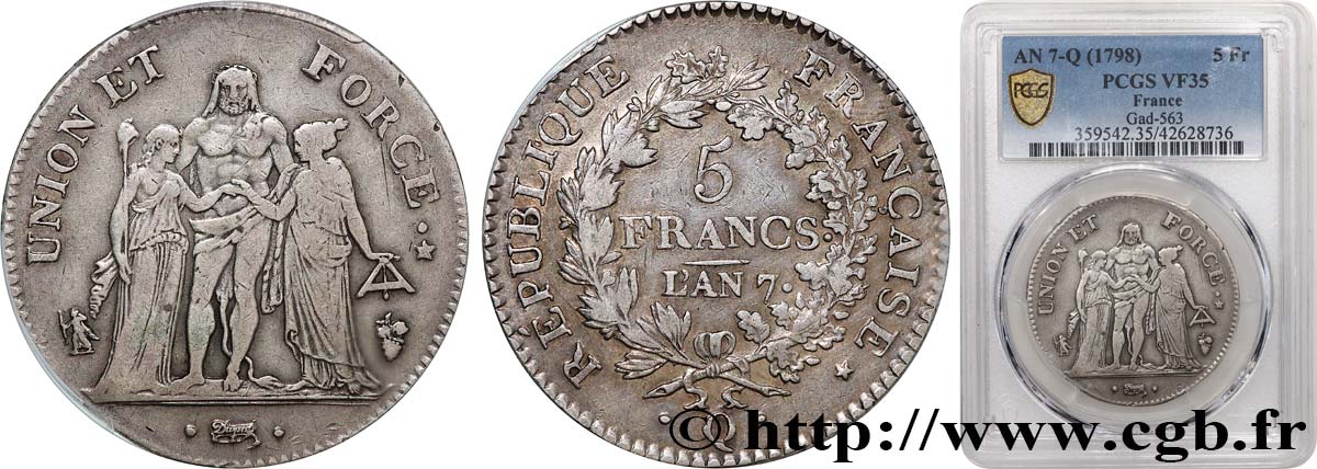5 francs Union et Force, Union serré, seulement gland extérieur 1799 Perpignan F.288/118 TB35 PCGS