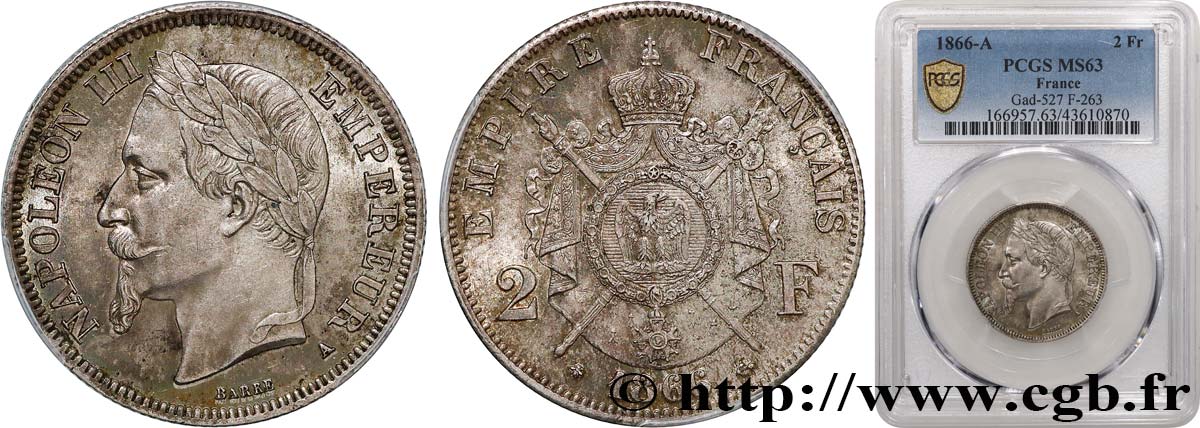 2 francs Napoléon III, tête laurée 1866 Paris F.263/2 SC63 PCGS