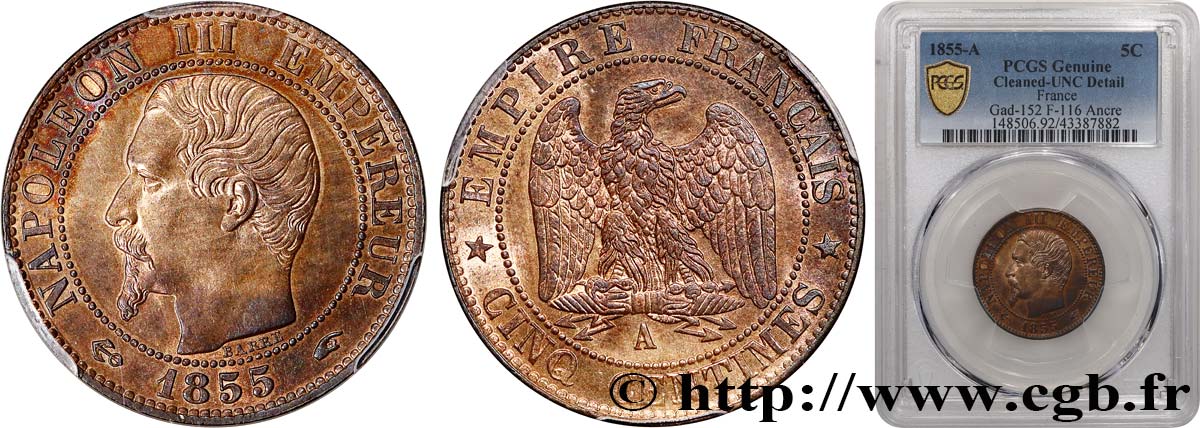 Cinq centimes Napoléon III, tête nue 1855 Paris F.116/17 SPL+ PCGS