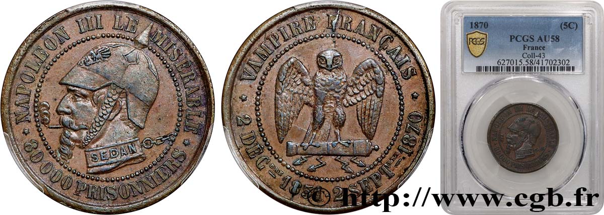 Médaille satirique Cu 27, type A “Éclairs et cigarette” 1870  Schw.A1a  AU58 PCGS