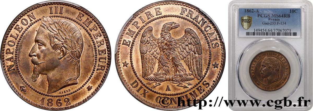 Dix centimes Napoléon III, tête laurée 1862 Paris F.134/7 SPL64 PCGS