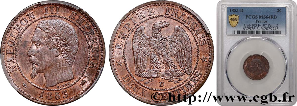Deux centimes Napoléon III, tête nue 1853 Lyon F.107/5 fST64 PCGS