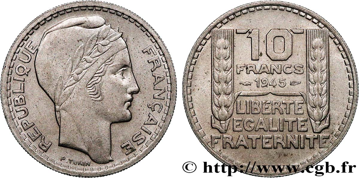 10 francs Turin, grosse tête, rameaux courts 1945  F.361A/1 AU55 