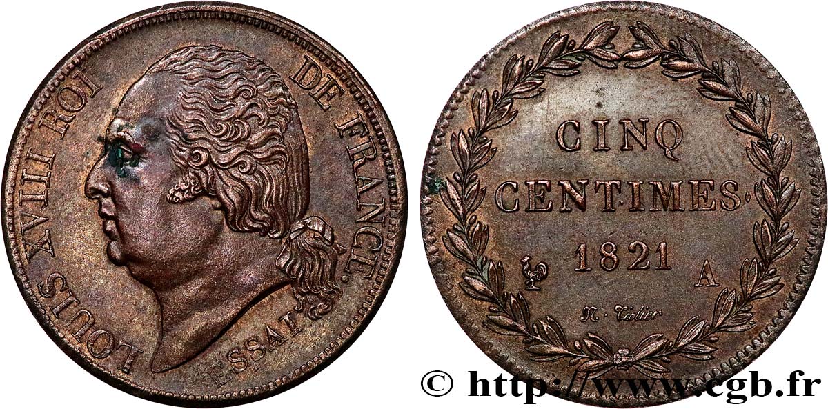 Essai de Cinq centimes en bronze, tranche guillochée 1821 Paris VG.2534  SUP 