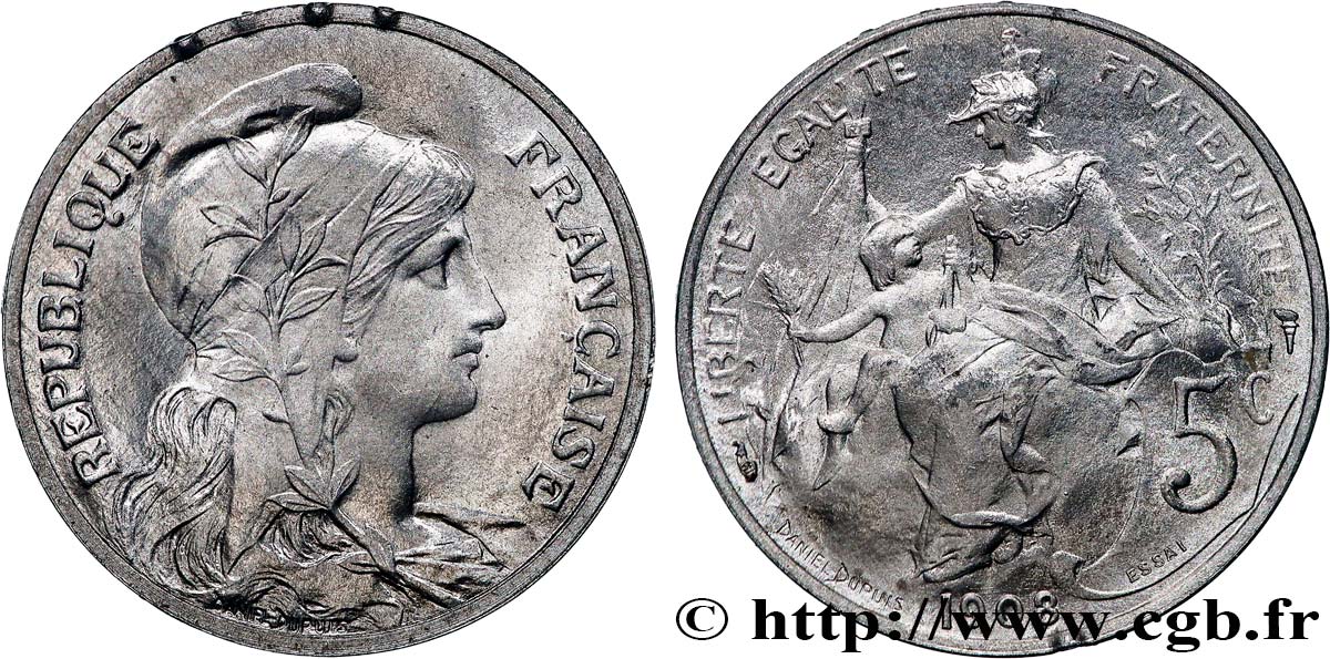 Essai de 5 centimes Daniel-Dupuis, en aluminium, Frappe Médaille 1908 Paris GEM.14 18 var. SPL 