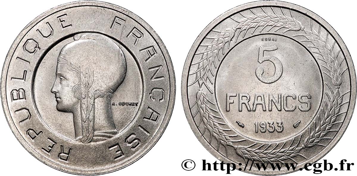 Concours de 5 francs, essai de Cochet en nickel 1933 Paris GEM.135 1 SC 