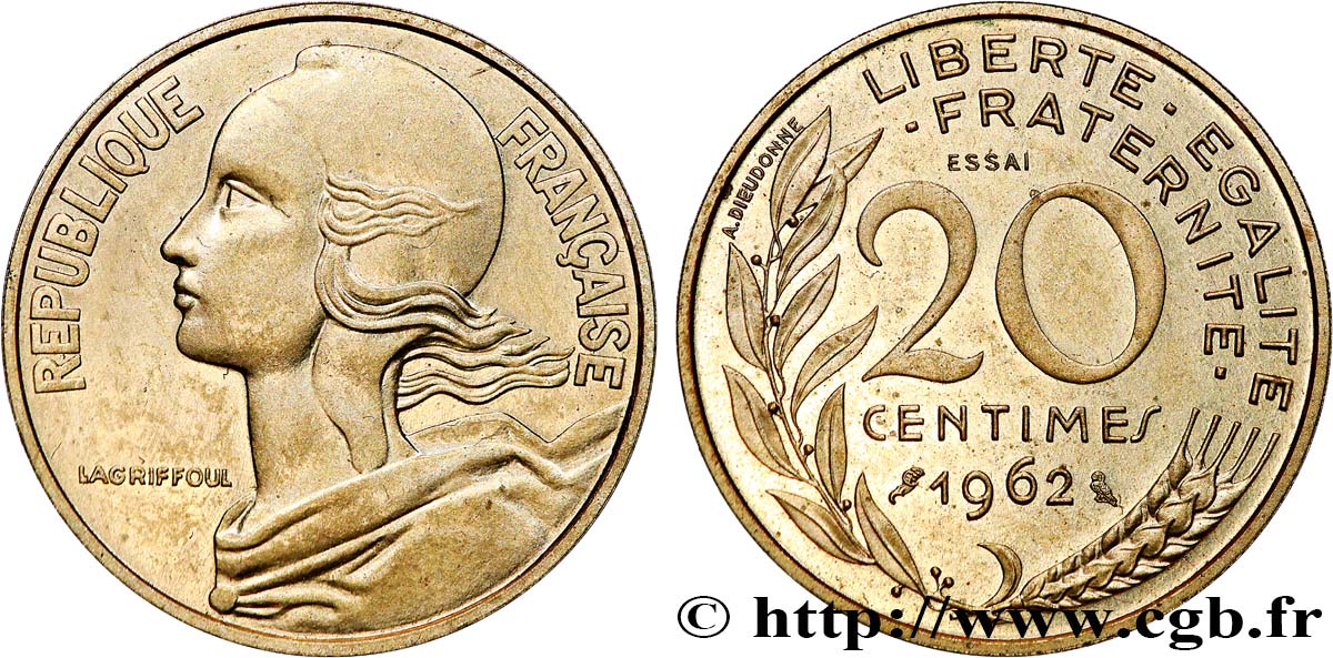 Essai-piéfort de 20 centimes Marianne 1962 Paris GEM.56 EP MS63 