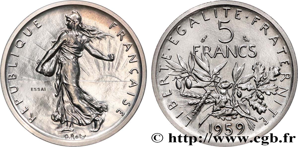 Essai-piéfort de 5 francs Semeuse, argent, grand 5 1959 Paris GEM.153 EP FDC65 