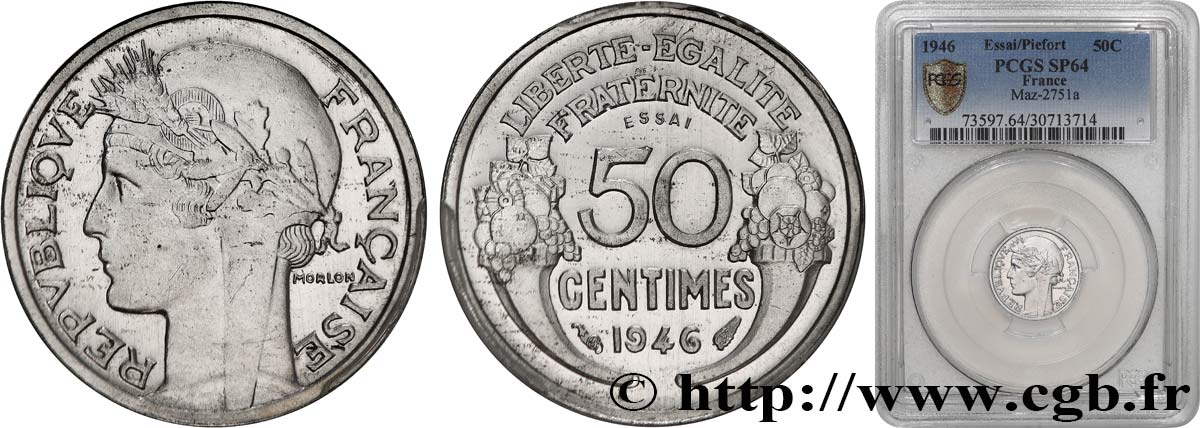 Essai-piéfort de 50 centimes Morlon, légère 1946  GEM.88 EP MS64 PCGS
