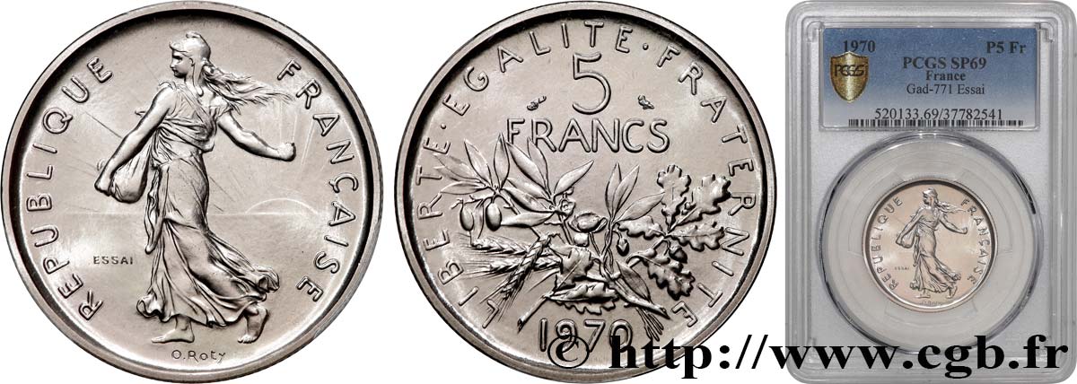 Essai de 5 francs Semeuse, nickel 1970 Paris F.341/1 FDC69 PCGS