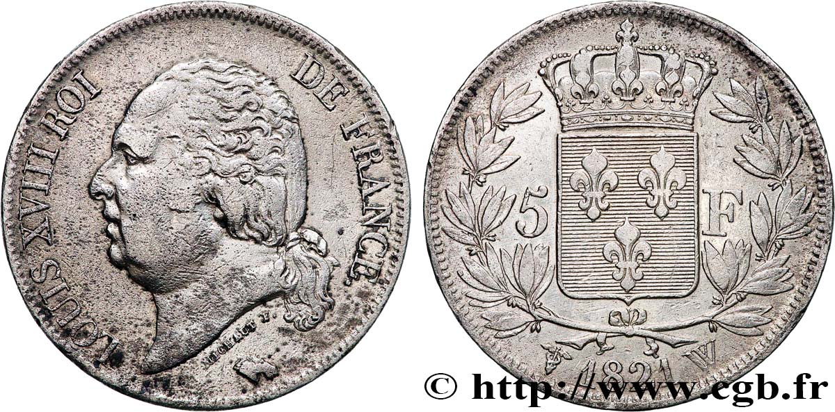 5 francs Louis XVIII, tête nue 1821 Lille F.309/67 VF 