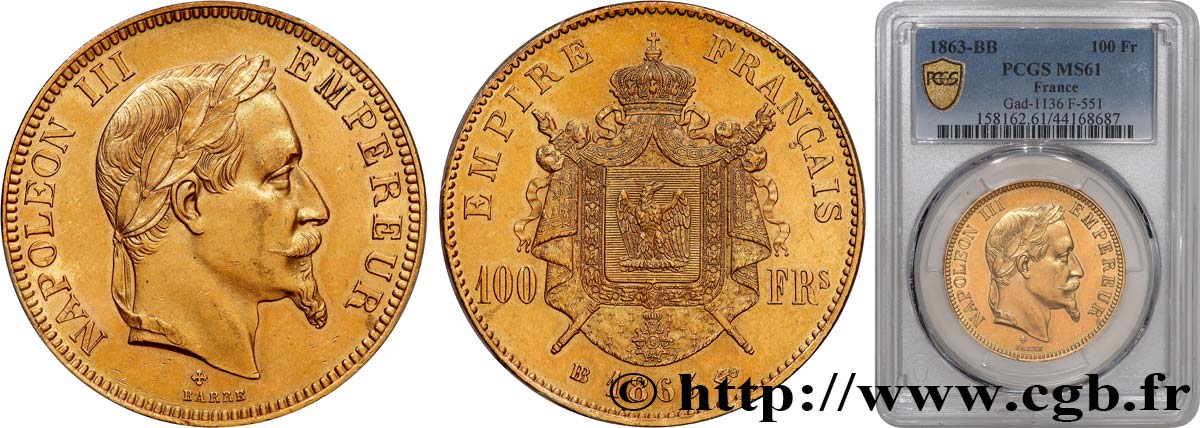 100 francs or Napoléon III, tête laurée 1863 Strasbourg F.551/3 SUP61 PCGS