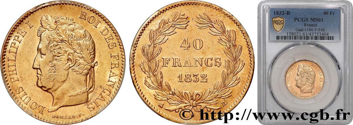 40 francs or Louis-Philippe 1832 Rouen F.546/4 EBC61 PCGS