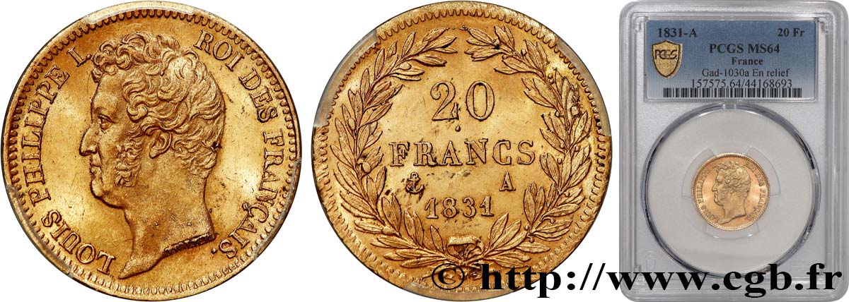 20 francs or Louis-Philippe, Tiolier, tranche inscrite en relief 1831 Paris F.525/2 SC64 PCGS