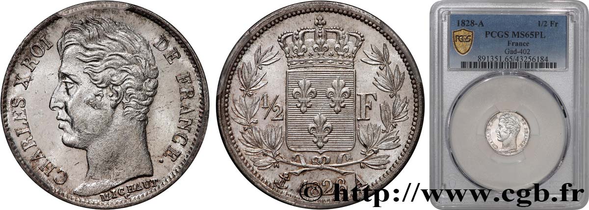 1/2 franc Charles X, Proof Like 1828 Paris F.180/25 MS65 PCGS