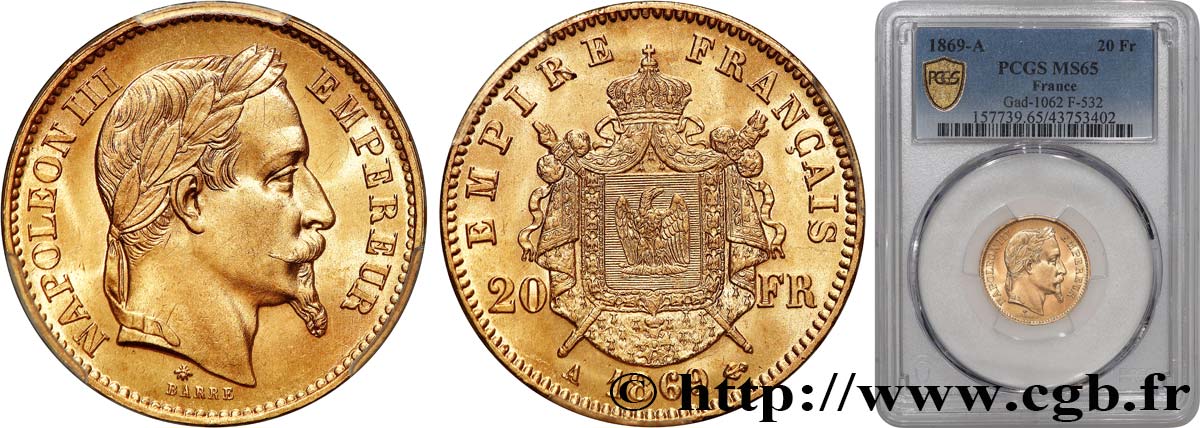 20 francs or Napoléon III, tête laurée 1869 Paris F.532/20 ST65 PCGS