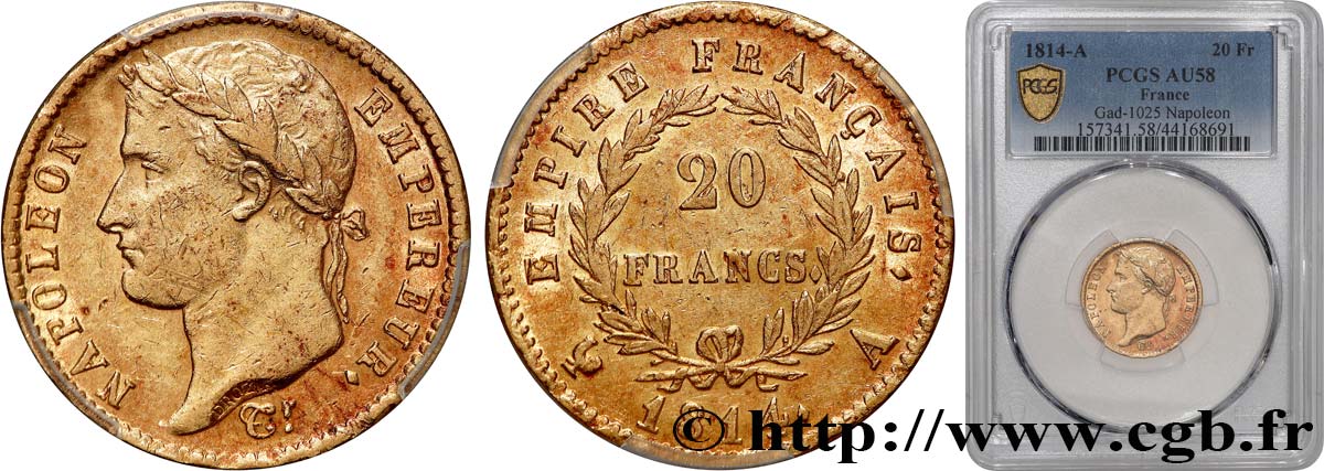 20 francs or Napoléon tête laurée, Empire français 1814 Paris F.516/39 AU58 PCGS