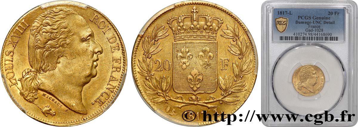20 francs or Louis XVIII, tête nue 1817 Bayonne F.519/7 MS PCGS