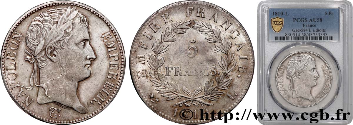 5 francs Napoléon empereur, Empire français 1810 Bayonne F.307/20 AU58 PCGS