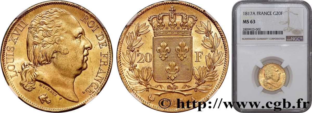 20 francs or Louis XVIII, tête nue 1817 Paris F.519/5 MS63 NGC