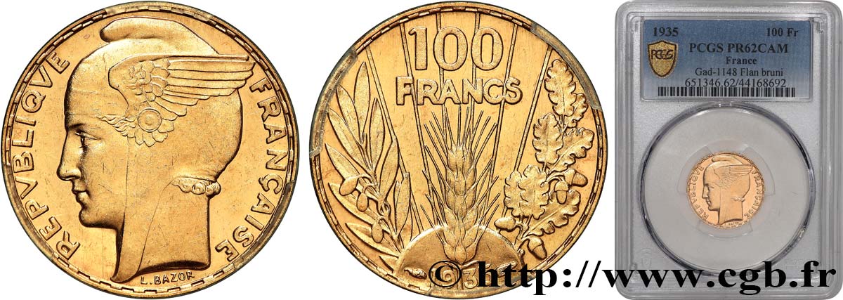 100 francs or, Bazor, Flan Bruni 1935 Paris F.554/6 var. SUP62 PCGS