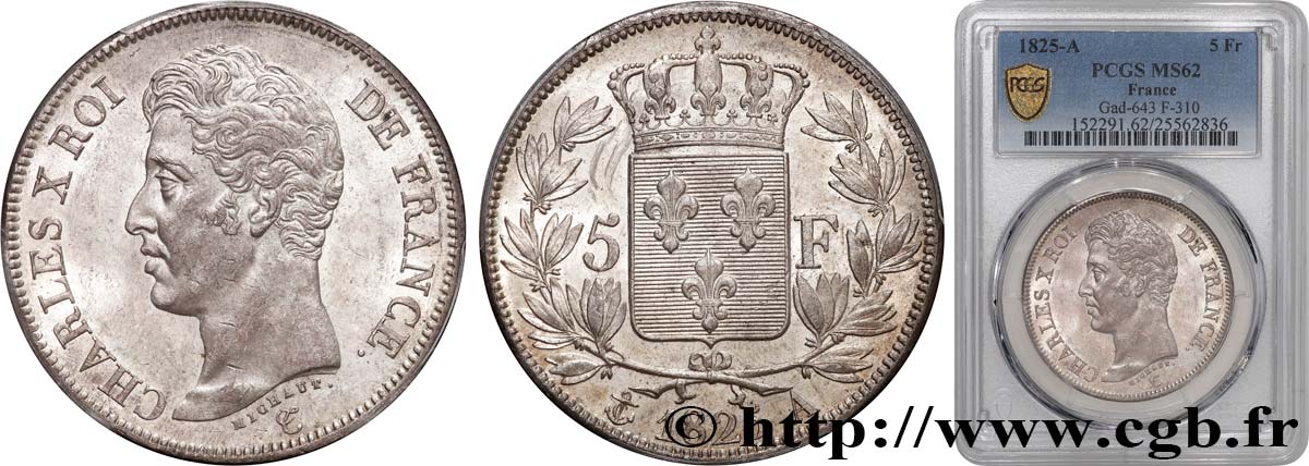 5 francs Charles X, 1er type 1825 Paris F.310/2 SPL62 PCGS