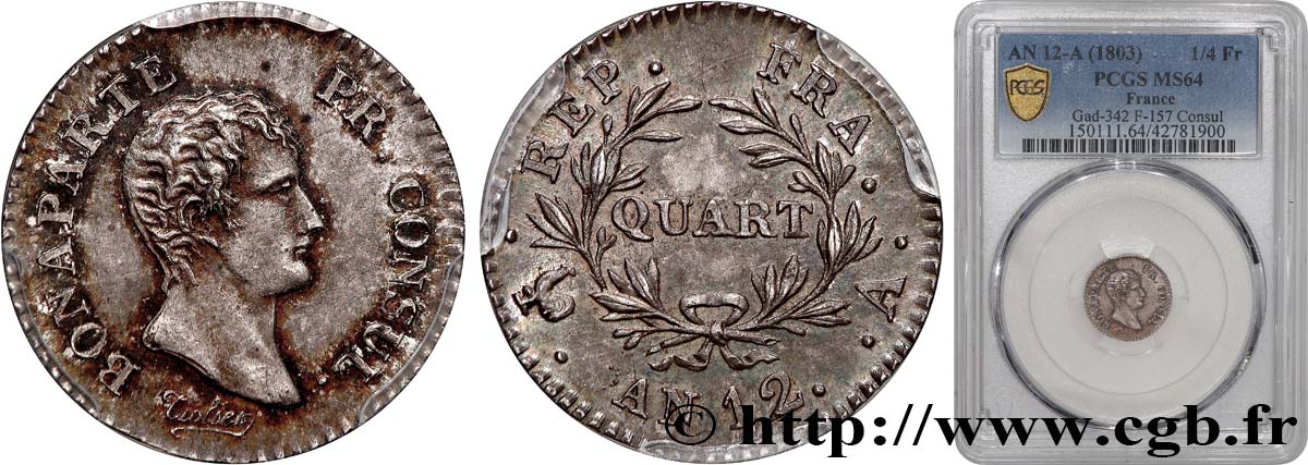 Quart (de franc) Bonaparte Premier Consul 1804 Paris F.157/1 MS64 PCGS