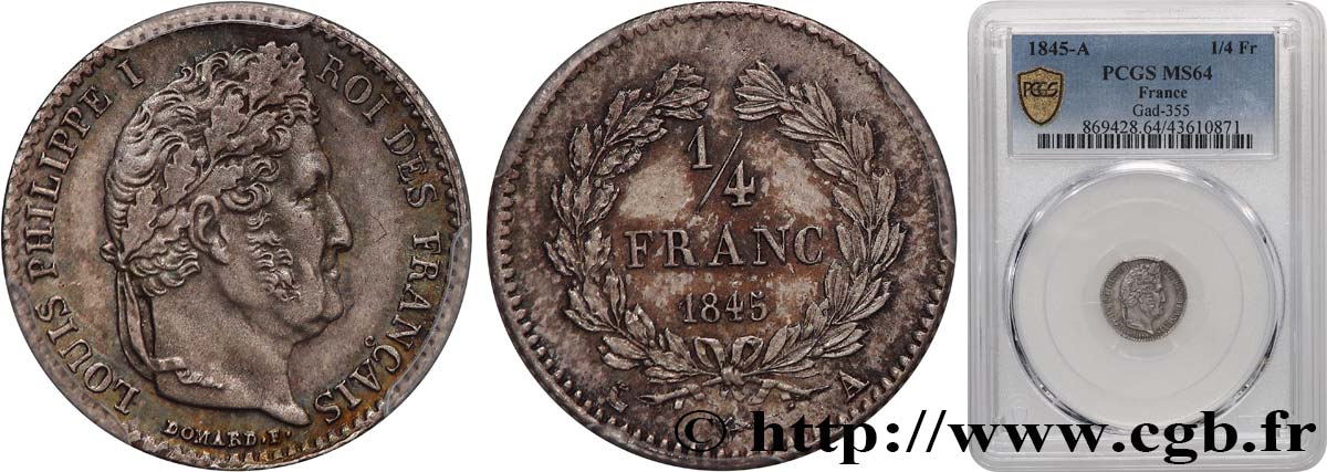 1/4 franc Louis-Philippe 1845 Paris F.166/102 fST64 PCGS