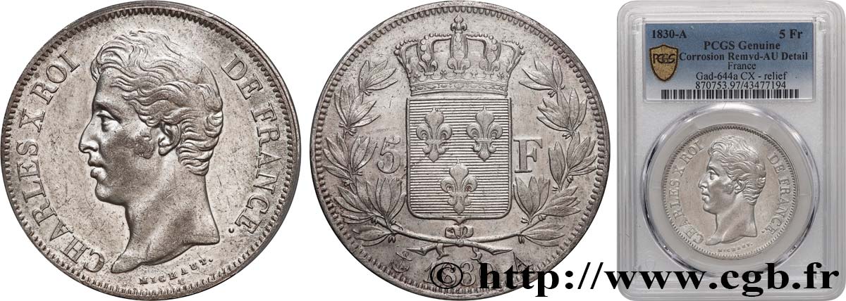 5 francs Charles X 2e type, tranche en relief 1830 Paris F.312/1 fVZ PCGS