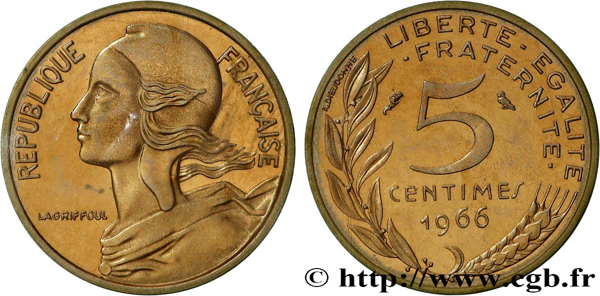 Piéfort Br-Al de 5 centimes Marianne 1966 Paris GEM.22 P1 MS 
